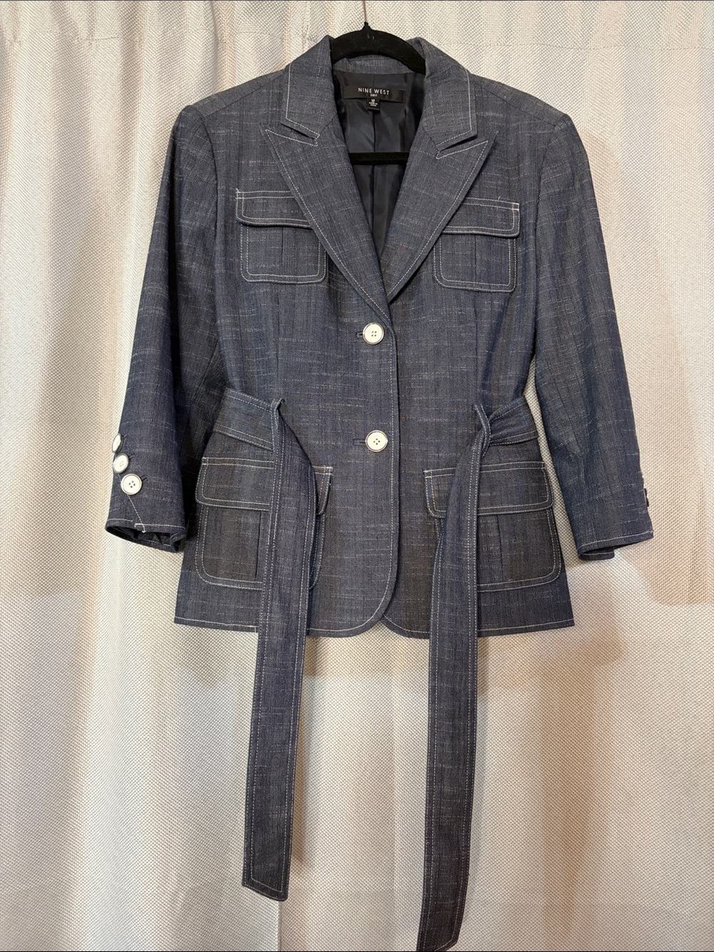 Nine West Dark Blue Belted Patch-Pocket Denim Blazer